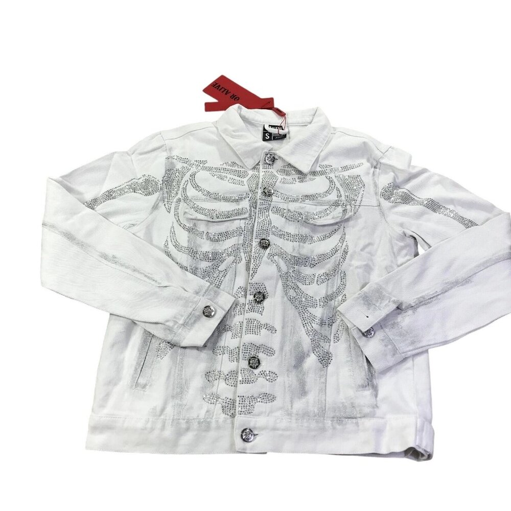 Guapi White Crystal Skeleton Jean Jacket with Silver Detailing Ltd Ed Mens Sz. M